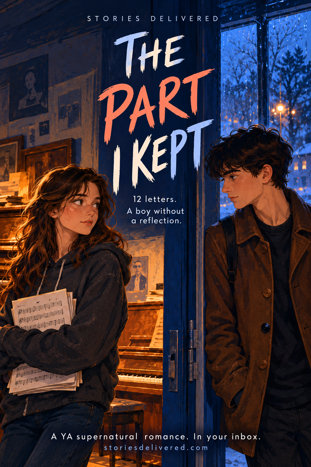 The Part I Kept illustrated cover: Sloane at the piano, Julian in the doorway