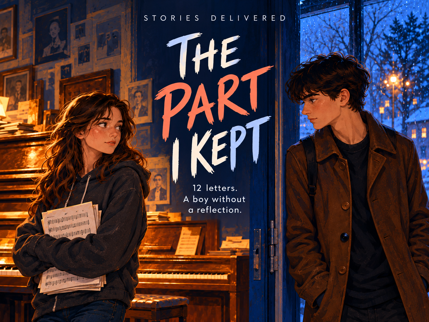 Illustrated cover of The Part I Kept, with Sloane at the piano and Julian by the music-room door