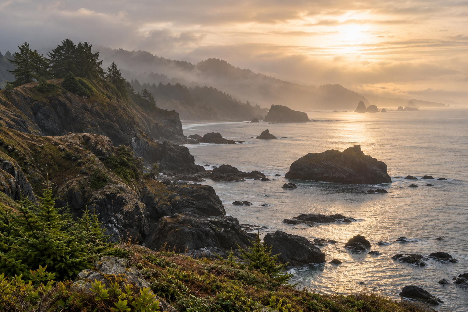 Sunlit Oregon coast and rocky shore